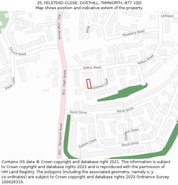 25, FELSTEAD CLOSE, DOSTHILL, TAMWORTH, B77 1QD: Location map and indicative extent of plot