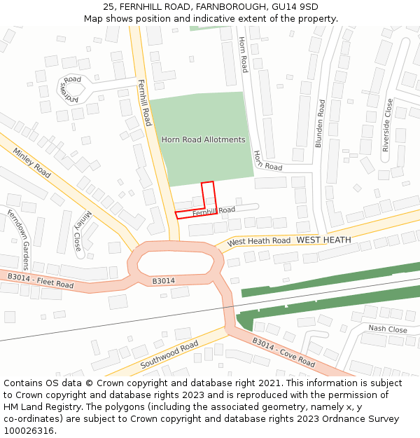 25, FERNHILL ROAD, FARNBOROUGH, GU14 9SD: Location map and indicative extent of plot