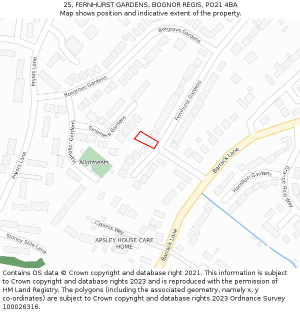 25, FERNHURST GARDENS, BOGNOR REGIS, PO21 4BA: Location map and indicative extent of plot