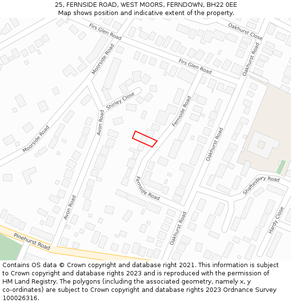 25, FERNSIDE ROAD, WEST MOORS, FERNDOWN, BH22 0EE: Location map and indicative extent of plot