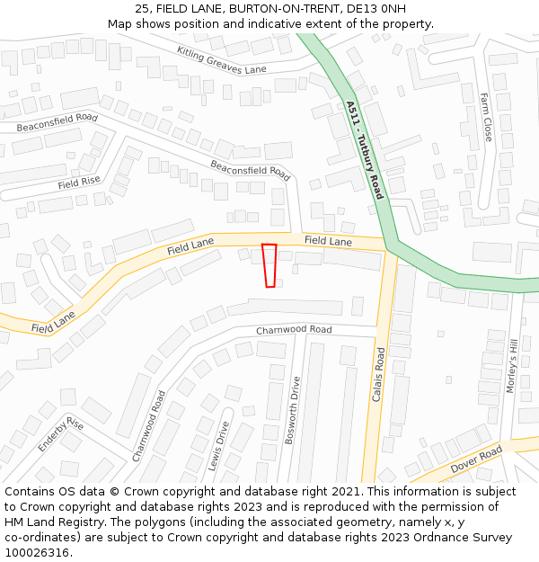 25, FIELD LANE, BURTON-ON-TRENT, DE13 0NH: Location map and indicative extent of plot