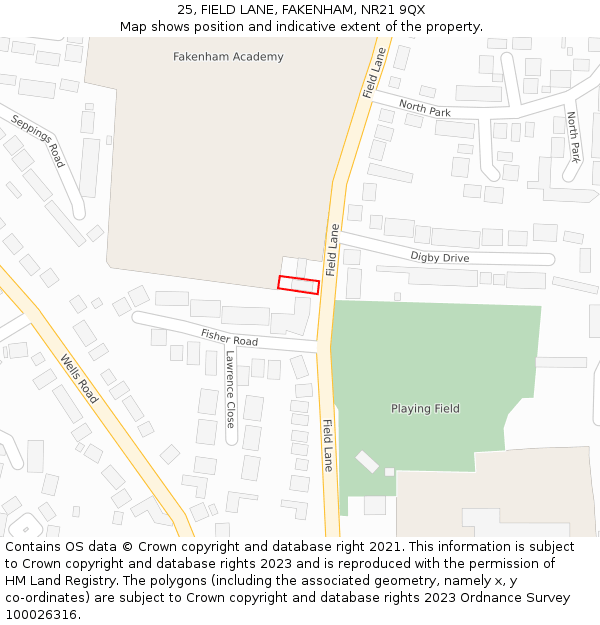 25, FIELD LANE, FAKENHAM, NR21 9QX: Location map and indicative extent of plot