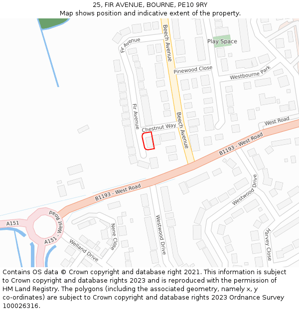 25, FIR AVENUE, BOURNE, PE10 9RY: Location map and indicative extent of plot