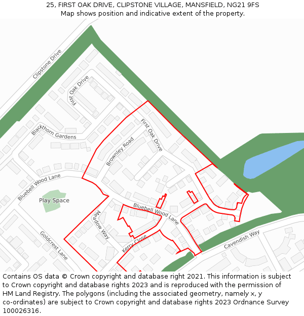 25, FIRST OAK DRIVE, CLIPSTONE VILLAGE, MANSFIELD, NG21 9FS: Location map and indicative extent of plot