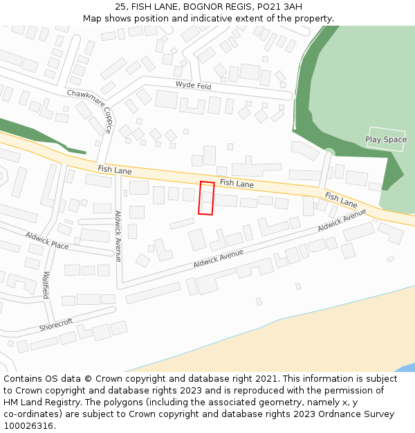 25, FISH LANE, BOGNOR REGIS, PO21 3AH: Location map and indicative extent of plot