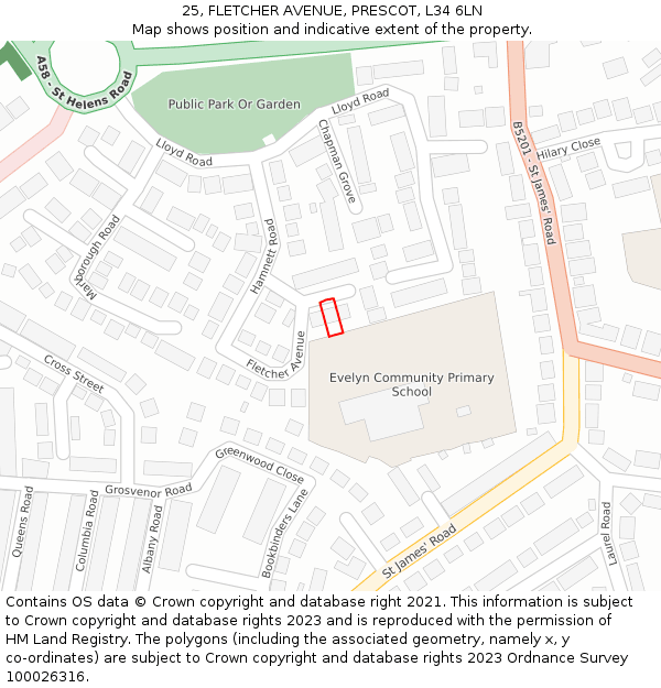 25, FLETCHER AVENUE, PRESCOT, L34 6LN: Location map and indicative extent of plot