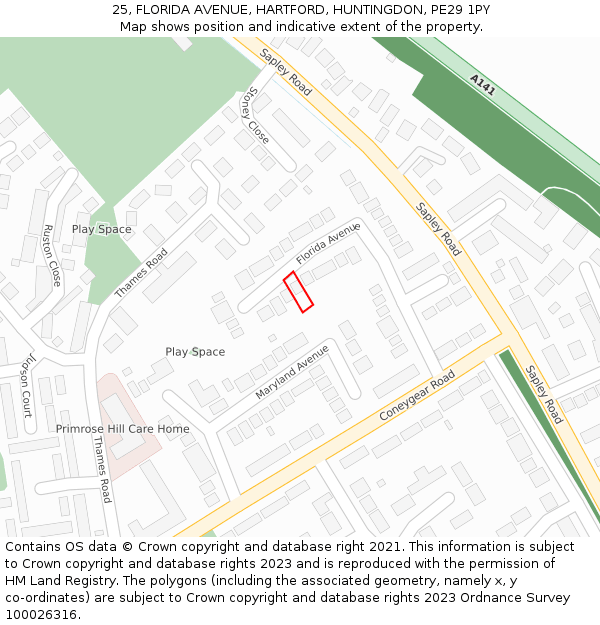 25, FLORIDA AVENUE, HARTFORD, HUNTINGDON, PE29 1PY: Location map and indicative extent of plot