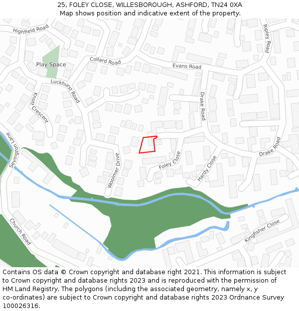 25, FOLEY CLOSE, WILLESBOROUGH, ASHFORD, TN24 0XA: Location map and indicative extent of plot