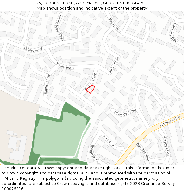 25, FORBES CLOSE, ABBEYMEAD, GLOUCESTER, GL4 5GE: Location map and indicative extent of plot