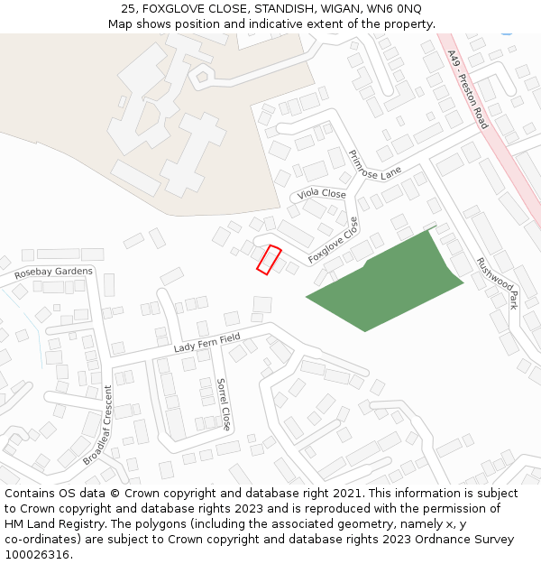 25, FOXGLOVE CLOSE, STANDISH, WIGAN, WN6 0NQ: Location map and indicative extent of plot