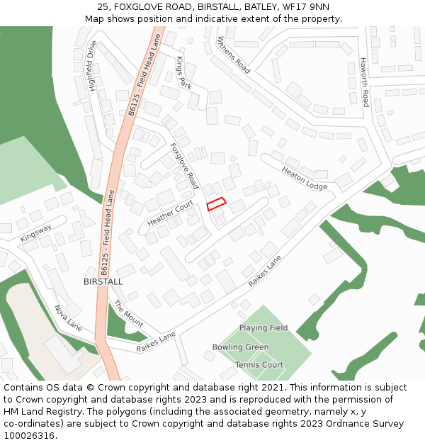 25, FOXGLOVE ROAD, BIRSTALL, BATLEY, WF17 9NN: Location map and indicative extent of plot