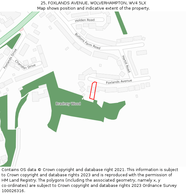 25, FOXLANDS AVENUE, WOLVERHAMPTON, WV4 5LX: Location map and indicative extent of plot