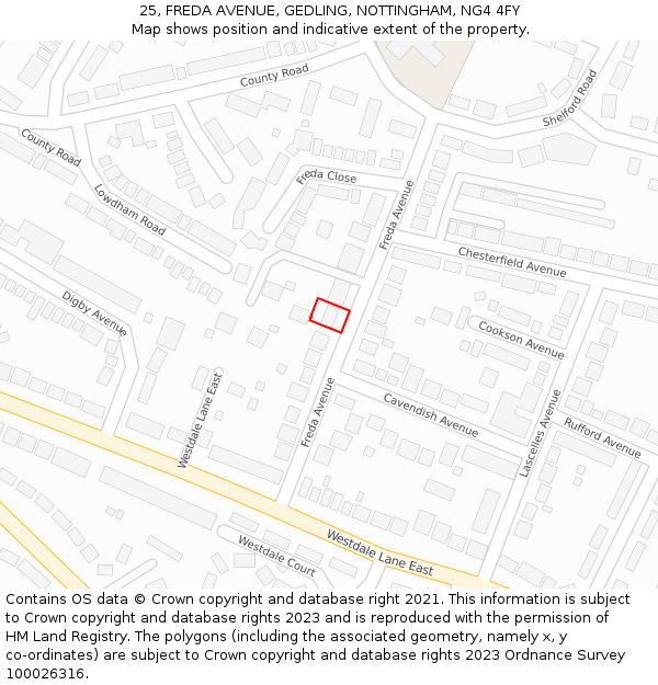 25, FREDA AVENUE, GEDLING, NOTTINGHAM, NG4 4FY: Location map and indicative extent of plot