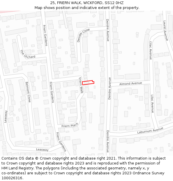 25, FRIERN WALK, WICKFORD, SS12 0HZ: Location map and indicative extent of plot