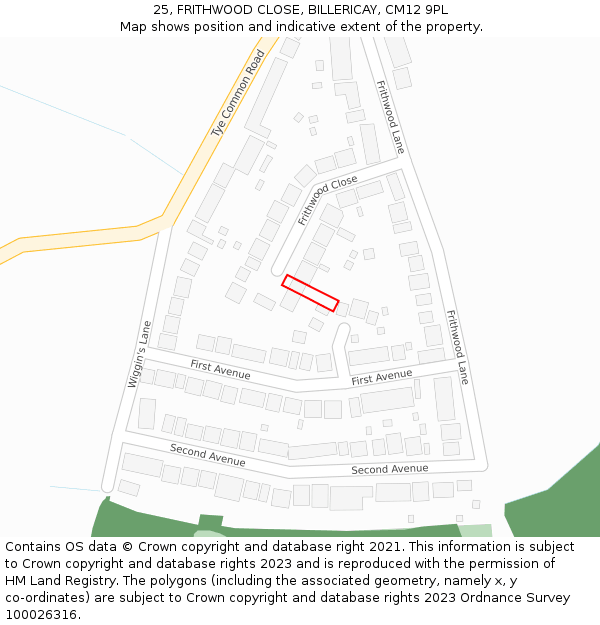 25, FRITHWOOD CLOSE, BILLERICAY, CM12 9PL: Location map and indicative extent of plot