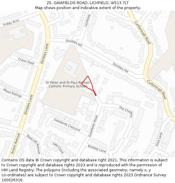 25, GAIAFIELDS ROAD, LICHFIELD, WS13 7LT: Location map and indicative extent of plot