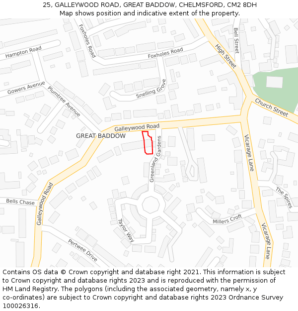 25, GALLEYWOOD ROAD, GREAT BADDOW, CHELMSFORD, CM2 8DH: Location map and indicative extent of plot