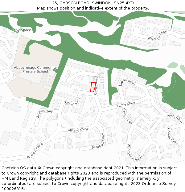 25, GARSON ROAD, SWINDON, SN25 4XD: Location map and indicative extent of plot