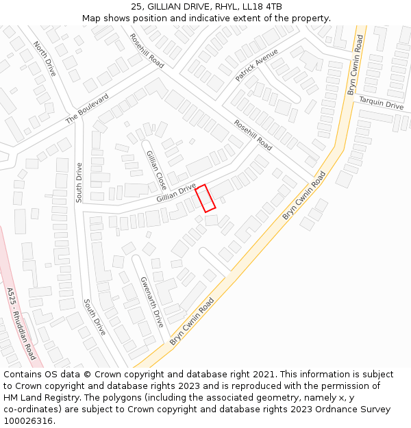 25, GILLIAN DRIVE, RHYL, LL18 4TB: Location map and indicative extent of plot