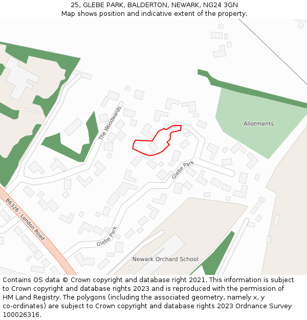 25, GLEBE PARK, BALDERTON, NEWARK, NG24 3GN: Location map and indicative extent of plot