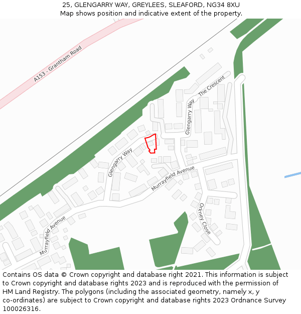 25, GLENGARRY WAY, GREYLEES, SLEAFORD, NG34 8XU: Location map and indicative extent of plot