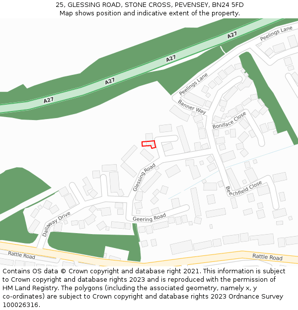 25, GLESSING ROAD, STONE CROSS, PEVENSEY, BN24 5FD: Location map and indicative extent of plot