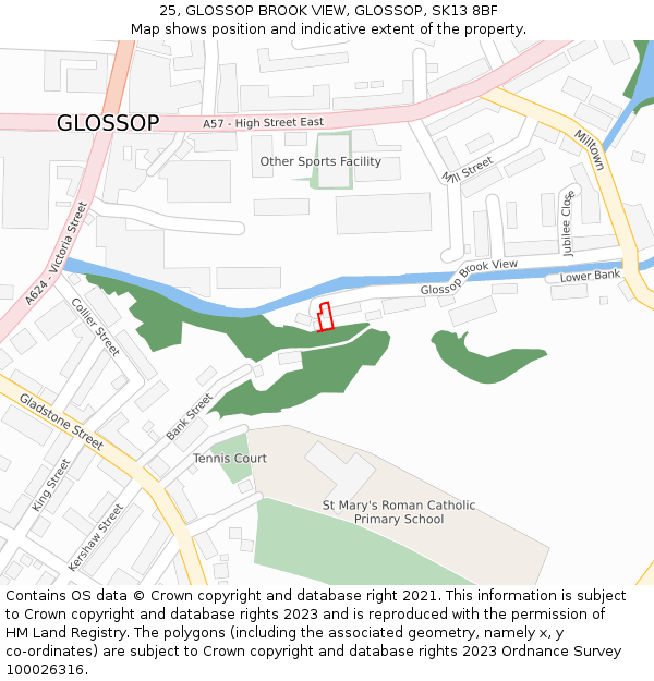25, GLOSSOP BROOK VIEW, GLOSSOP, SK13 8BF: Location map and indicative extent of plot