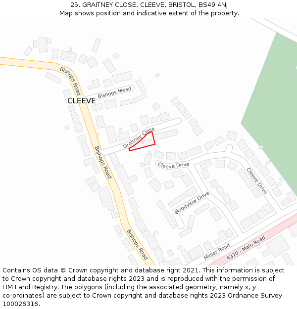 25, GRAITNEY CLOSE, CLEEVE, BRISTOL, BS49 4NJ: Location map and indicative extent of plot