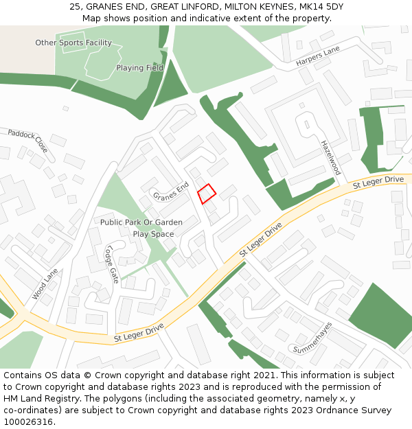 25, GRANES END, GREAT LINFORD, MILTON KEYNES, MK14 5DY: Location map and indicative extent of plot