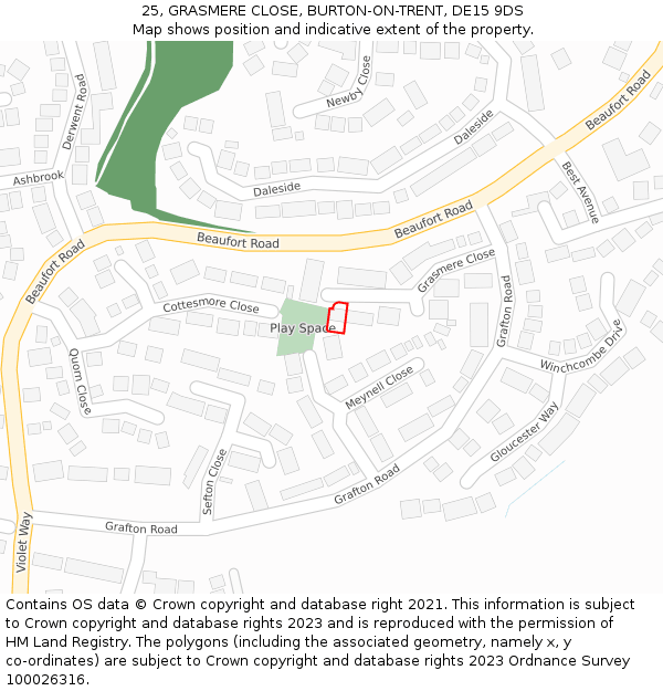 25, GRASMERE CLOSE, BURTON-ON-TRENT, DE15 9DS: Location map and indicative extent of plot