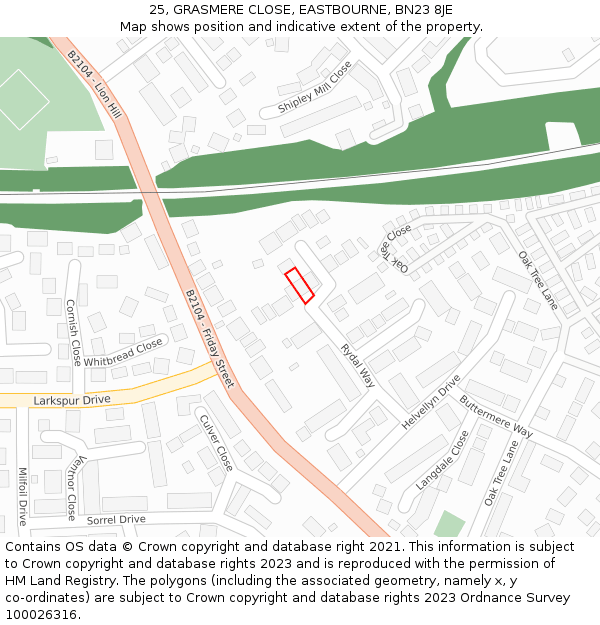 25, GRASMERE CLOSE, EASTBOURNE, BN23 8JE: Location map and indicative extent of plot