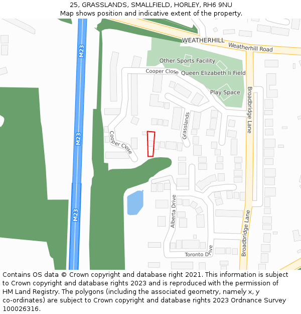 25, GRASSLANDS, SMALLFIELD, HORLEY, RH6 9NU: Location map and indicative extent of plot