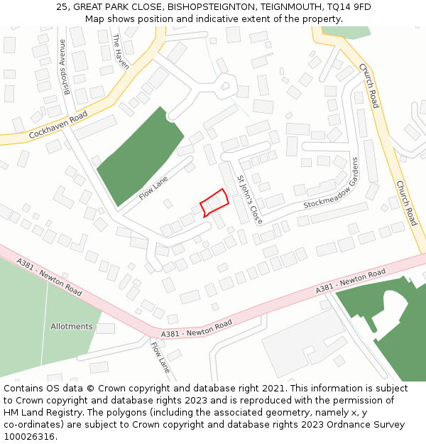 25, GREAT PARK CLOSE, BISHOPSTEIGNTON, TEIGNMOUTH, TQ14 9FD: Location map and indicative extent of plot