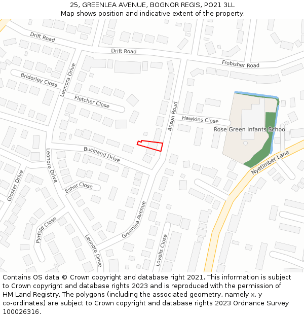 25, GREENLEA AVENUE, BOGNOR REGIS, PO21 3LL: Location map and indicative extent of plot