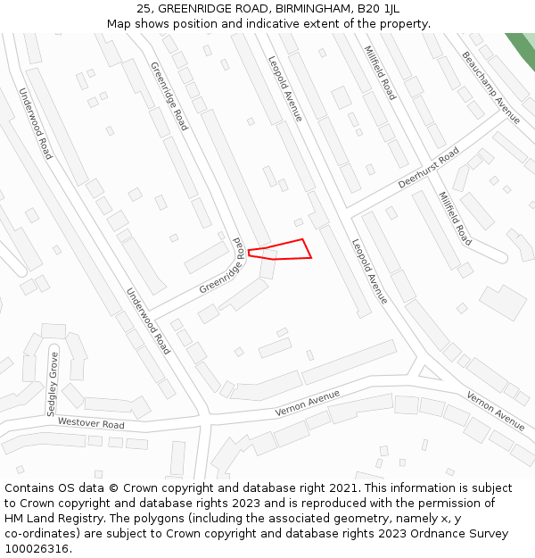 25, GREENRIDGE ROAD, BIRMINGHAM, B20 1JL: Location map and indicative extent of plot