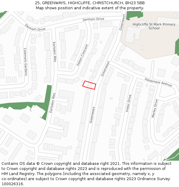 25, GREENWAYS, HIGHCLIFFE, CHRISTCHURCH, BH23 5BB: Location map and indicative extent of plot