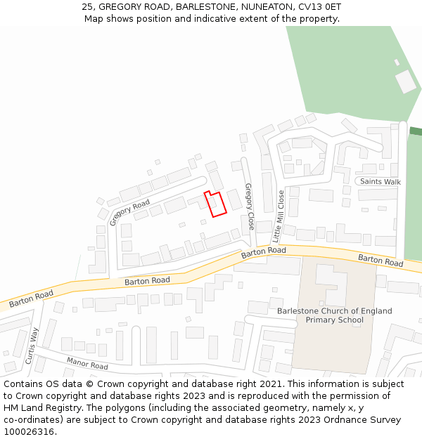 25, GREGORY ROAD, BARLESTONE, NUNEATON, CV13 0ET: Location map and indicative extent of plot