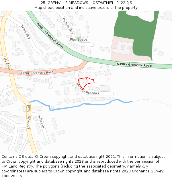 25, GRENVILLE MEADOWS, LOSTWITHIEL, PL22 0JS: Location map and indicative extent of plot