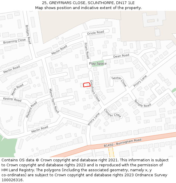 25, GREYFRIARS CLOSE, SCUNTHORPE, DN17 1LE: Location map and indicative extent of plot