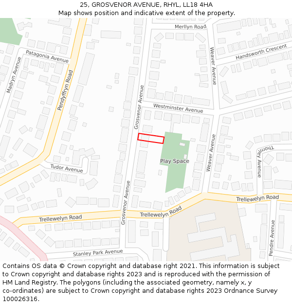 25, GROSVENOR AVENUE, RHYL, LL18 4HA: Location map and indicative extent of plot