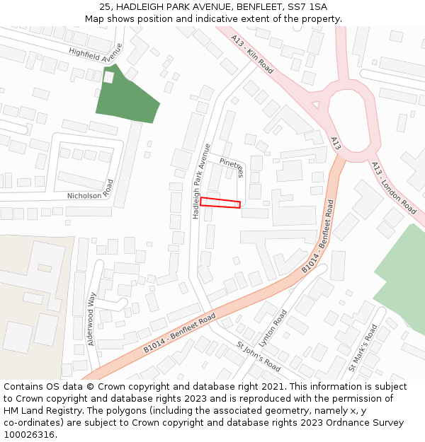 25, HADLEIGH PARK AVENUE, BENFLEET, SS7 1SA: Location map and indicative extent of plot