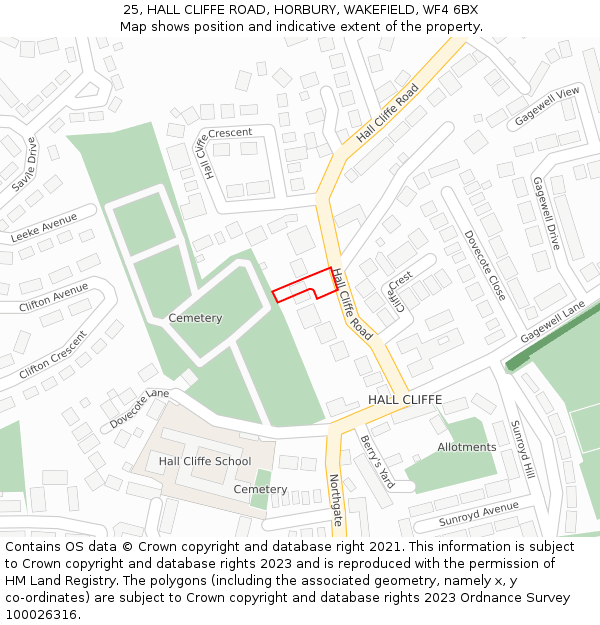 25, HALL CLIFFE ROAD, HORBURY, WAKEFIELD, WF4 6BX: Location map and indicative extent of plot