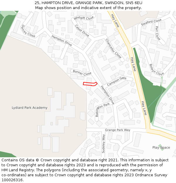 25, HAMPTON DRIVE, GRANGE PARK, SWINDON, SN5 6EU: Location map and indicative extent of plot