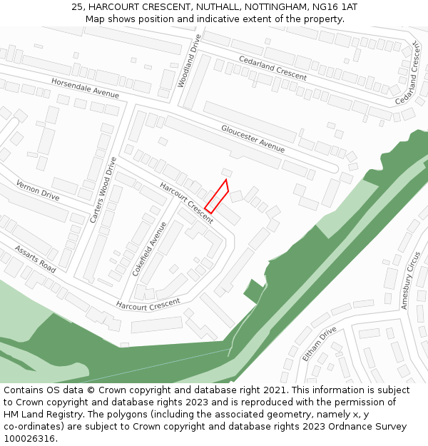 25, HARCOURT CRESCENT, NUTHALL, NOTTINGHAM, NG16 1AT: Location map and indicative extent of plot