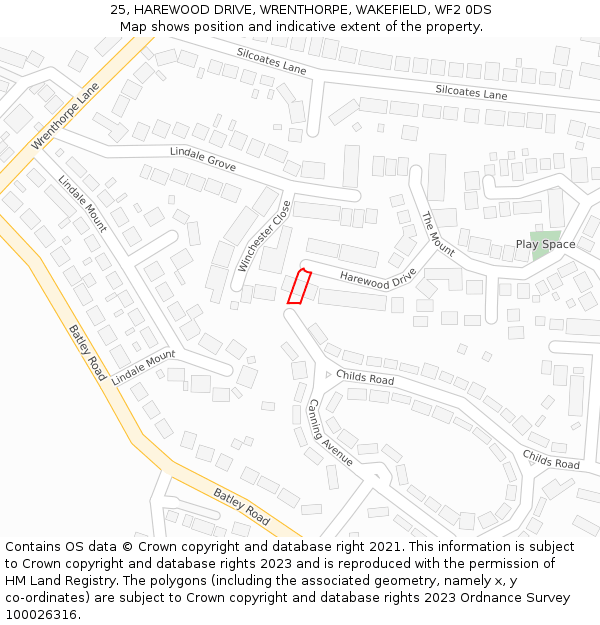 25, HAREWOOD DRIVE, WRENTHORPE, WAKEFIELD, WF2 0DS: Location map and indicative extent of plot