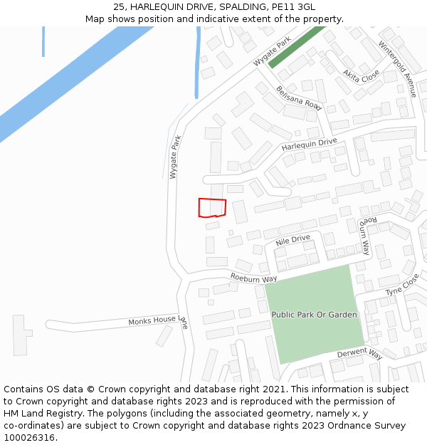 25, HARLEQUIN DRIVE, SPALDING, PE11 3GL: Location map and indicative extent of plot