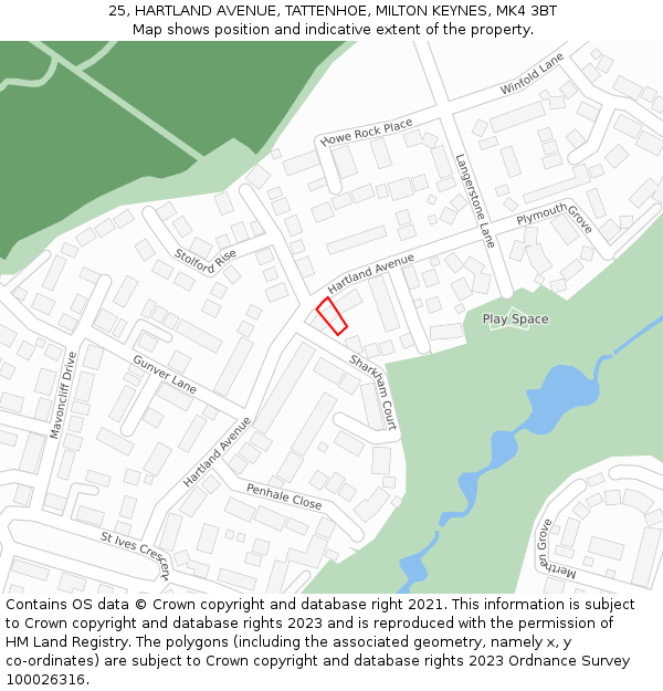 25, HARTLAND AVENUE, TATTENHOE, MILTON KEYNES, MK4 3BT: Location map and indicative extent of plot