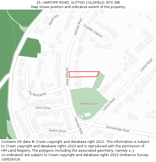 25, HARTOPP ROAD, SUTTON COLDFIELD, B74 2RE: Location map and indicative extent of plot