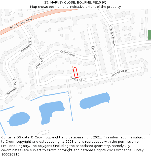 25, HARVEY CLOSE, BOURNE, PE10 9QJ: Location map and indicative extent of plot