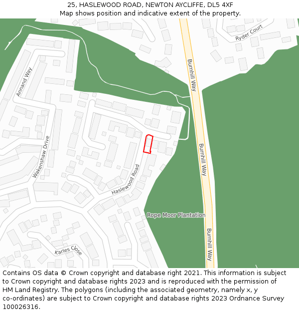 25, HASLEWOOD ROAD, NEWTON AYCLIFFE, DL5 4XF: Location map and indicative extent of plot